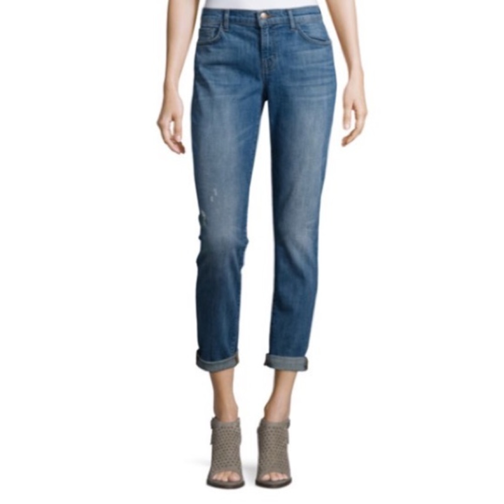 J Brand Jake Distressed Skinny Cropped Jeans in Cherish wash mid rise blue